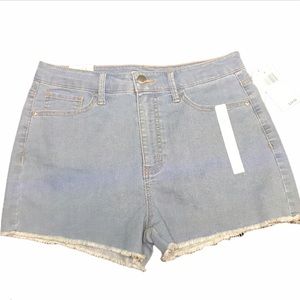 High Rise Denim Shorts Raw Frayed Hem Light Wash Blue Athleisure Stretch Size 30